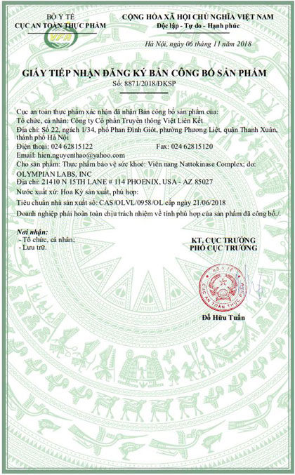 giấy chứng nhận  nattokinase complex